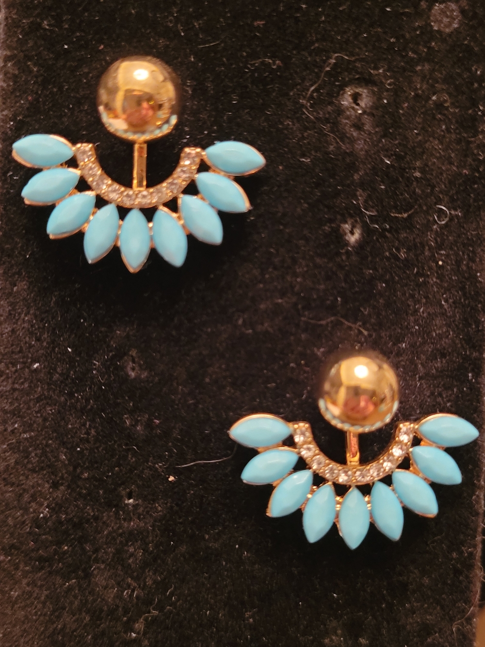 Gold Rhinestone and Turquoise Fan Stud Earrings - Elegant Women’s Jewelry